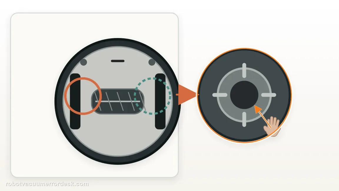 A Roomba i5 / i5+ is shown with robot underside with paired drive wheels for comparison in a clean repair diagram, matching the inspect mobility if navigation drifts over distance check.