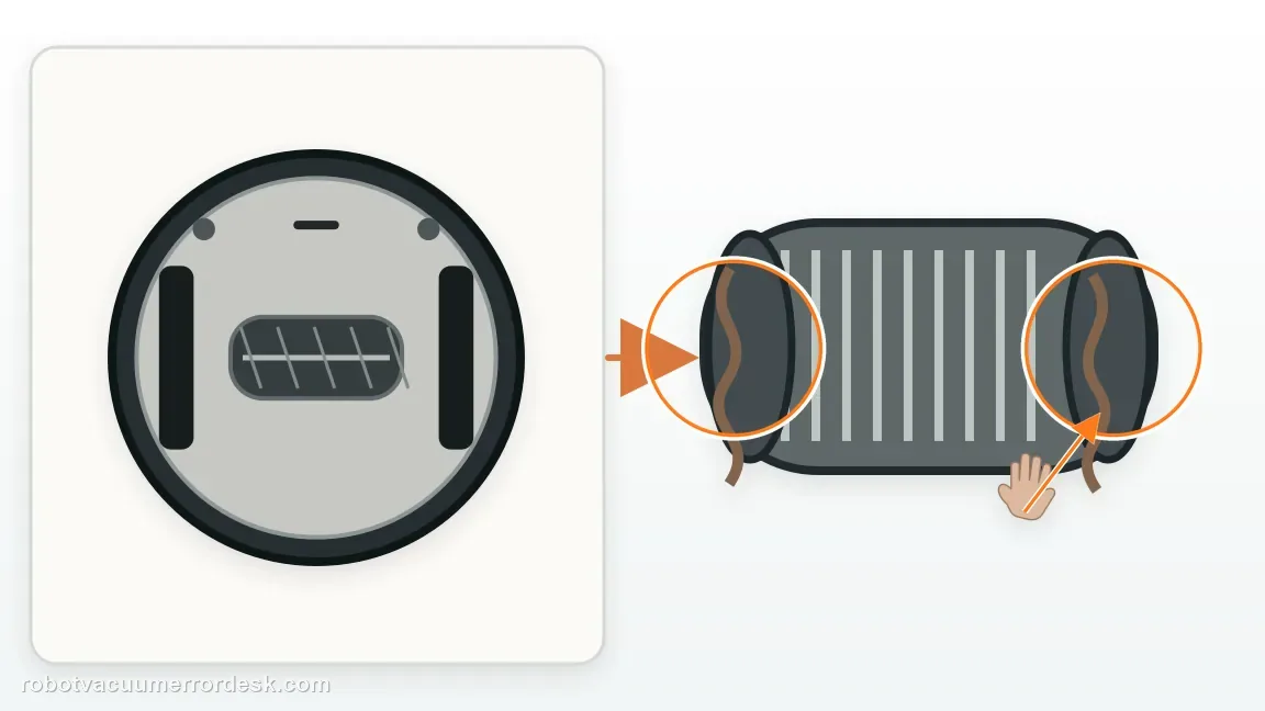 A Shark Matrix 2-in-1 is shown with detached brushroll with hair removed from the roller body and end caps in a clean repair diagram, matching the clear wraps from the roller body and ends check.