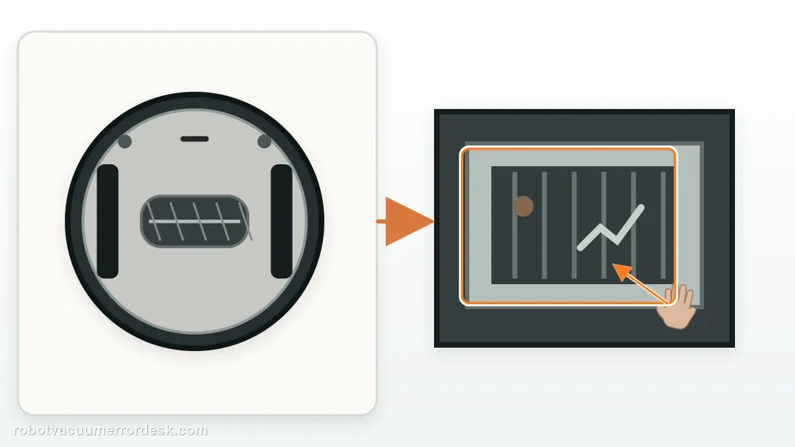 A Shark Matrix 2-in-1 is shown with open brushroll chamber with visible debris being cleared in a clean repair diagram, matching the vacuum or wipe packed debris from the chamber check.