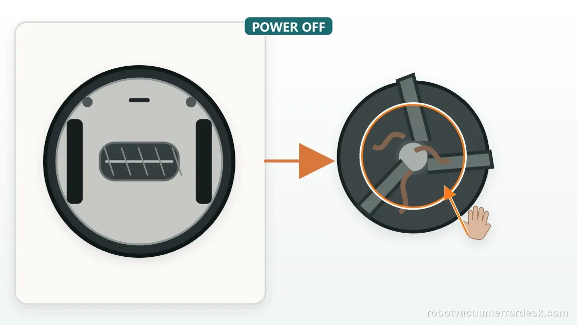 A powered-off Shark Matrix is shown beside its removed side brush, exposing long hair wrapped beneath the brush hub and peg.