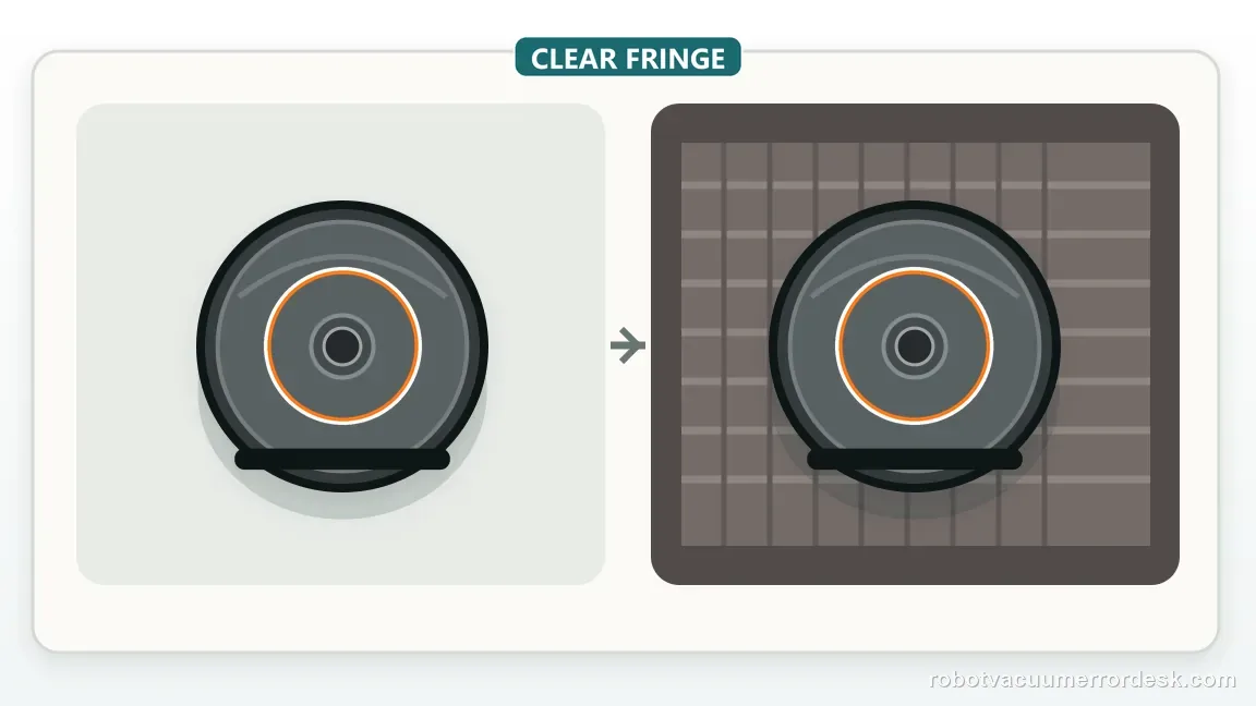 A Shark Matrix is positioned on clear hard flooring beside a rug with long fringe, showing the snag area to remove before restart.
