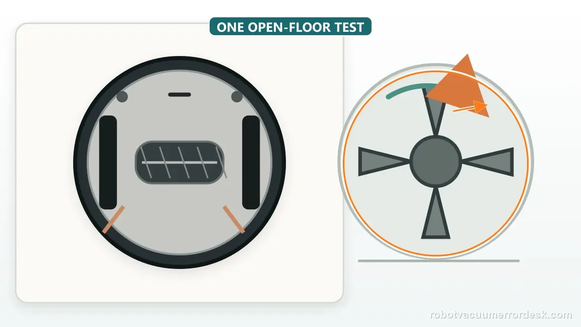A Shark Matrix side brush rotates on an uncluttered hard floor while the first restart is observed for scraping or stopping.