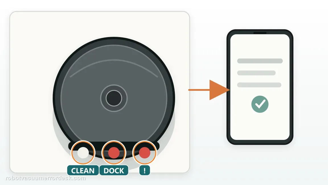 A Shark Matrix 2-in-1 is shown with robot top view and phone showing diagnostic state in a clean repair diagram, matching the match the encoder pattern against the nearby wheel code check.