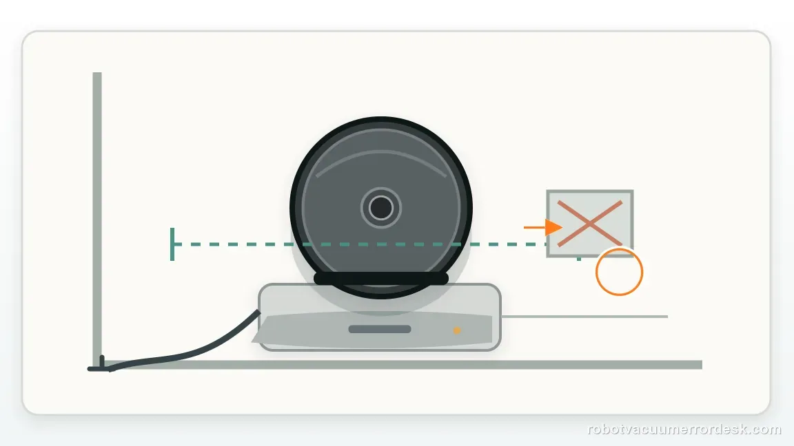A Shark Matrix is shown with powered dock against a wall with its cable and cleared approach shown in a clean repair diagram, matching the prove base power and restore shark clearance check.